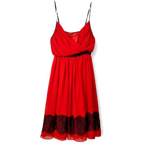 Y2K Khaki Krew Sexy Cherry Red Sleeveless Dress With Black Lace Trim LARGE